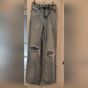 Zara Light Blue Straight Leg Jeans with Distressed Details